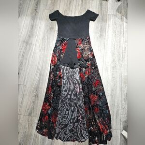 Elegant Boho Black and Red Velvet Floral Maxi Dress Romper Large